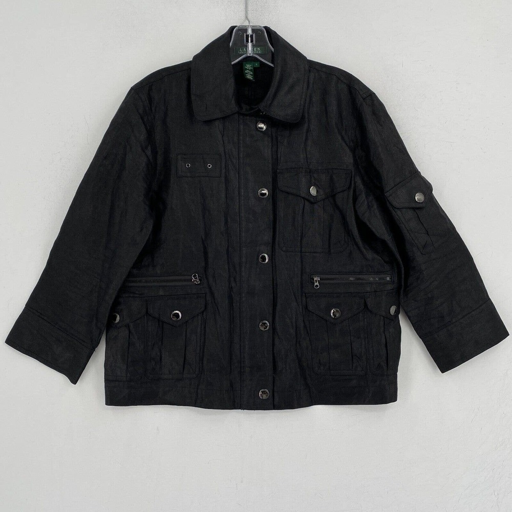 Ralph Lauren Womens Military Jacket Size Large Black 100% Linen Safari Utility